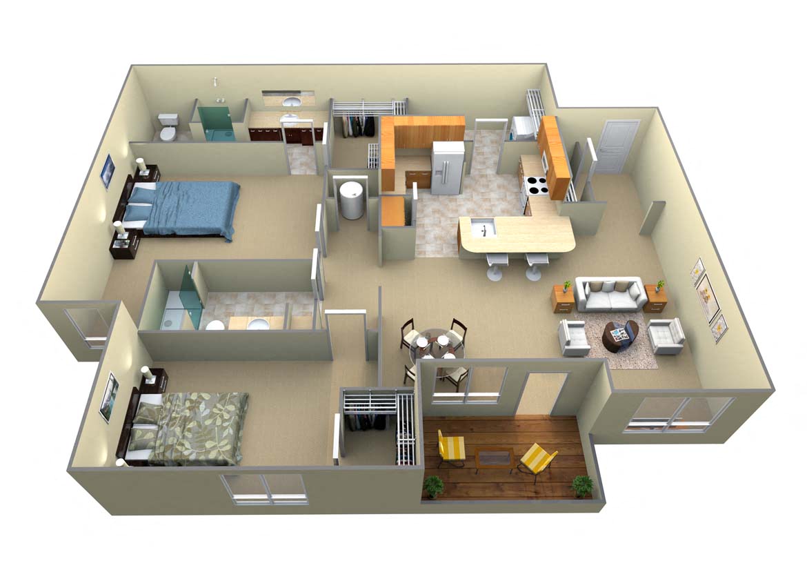 Floor plan for 2 beds, 2 baths, 1283 sqft